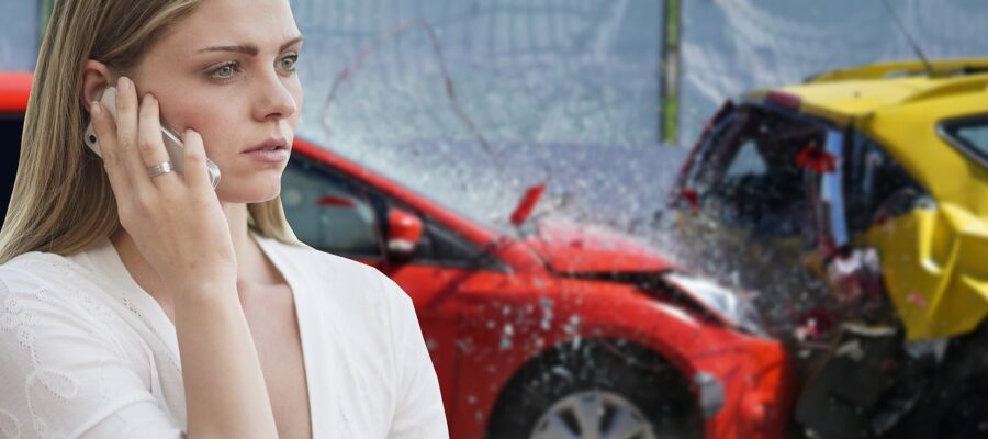car crash, phone call, woman